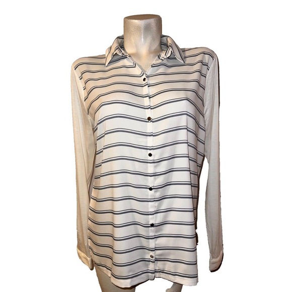 Ann Taylor Tops - Ann Taylor Striped Button Up Shirt Women's Size L Long Sleeve Collared Top Blue